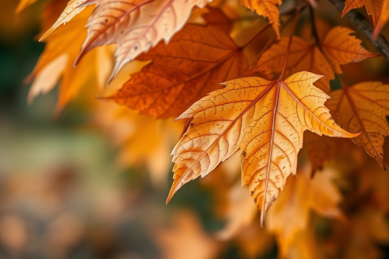 Capture a close-up of autumn leaves with a shallow depth of field, using a 50mm lens at f/2.8, ISO 200, and a shutter speed of 1/200s, in natural soft light to enhance colors and textures.