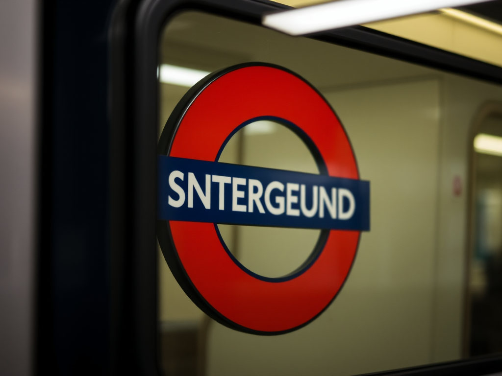 Capture a close-up of a subway train window with a focus on the underground logo, using a DSLR camera, aperture f/2.8, shutter speed 1/60 sec, ISO 400, natural light for clarity and depth.