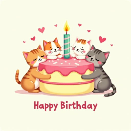 Create a whimsical illustration featuring four cute kittens hugging a layered birthday cake. The cake should have pink and yellow icing, topped with a single candle. Add small hearts around the scene and include the words "Happy Birthday" in a playful font at the bottom.