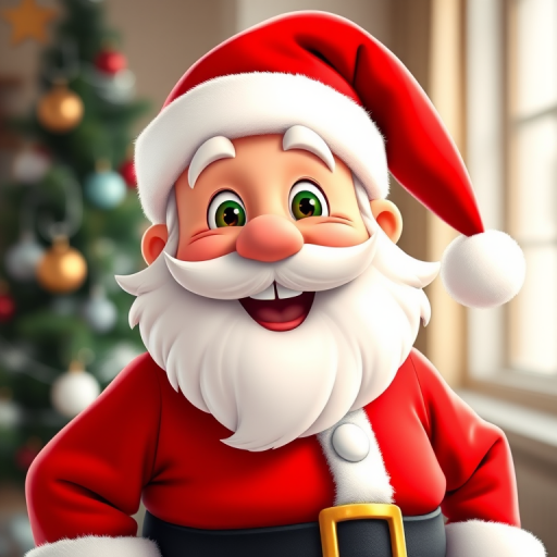 Generate a high-resolution cartoon image of a cheerful Santa Claus character with a red suit and fluffy white beard, using a 50mm lens at f/2.8 aperture, shot in natural soft light at eye level, with a bright and colorful style.