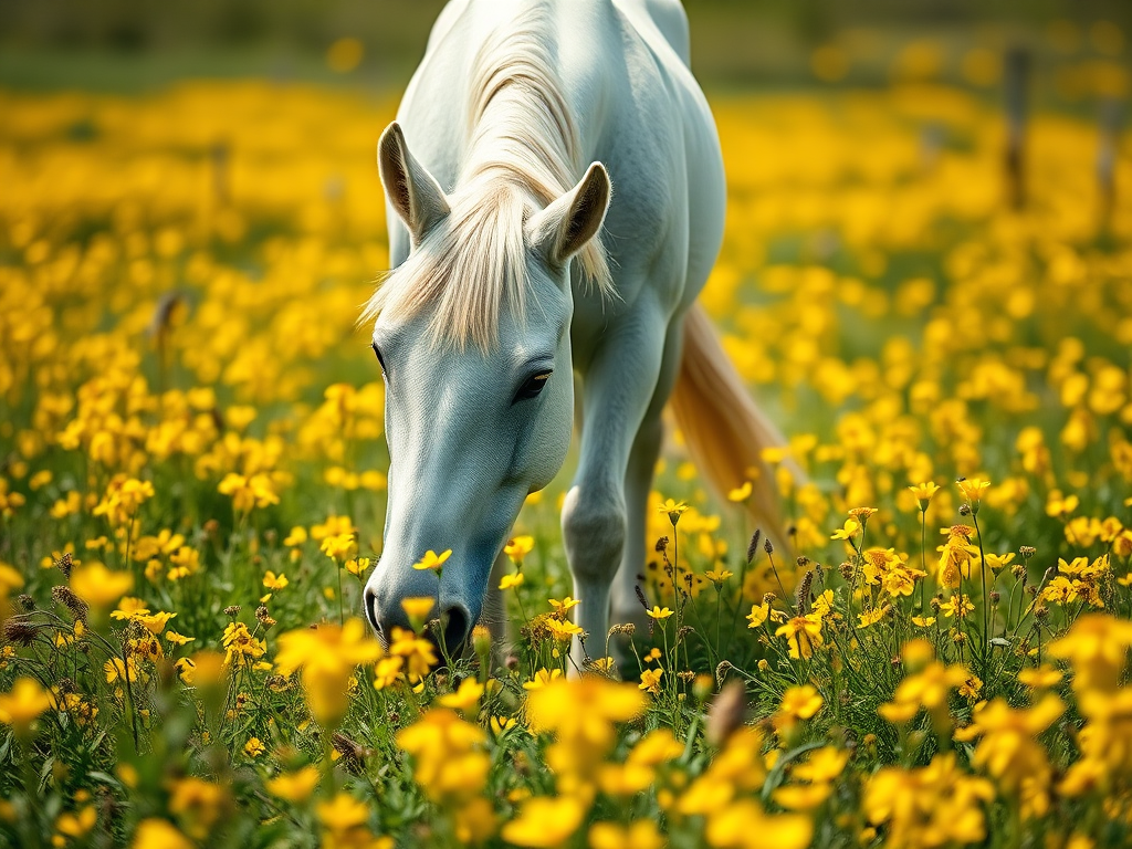 A white horse grazing in a vibrant yellow and green flower meadow, shot with a Canon EOS R5, 85mm f/1.8 lens, aperture f/2.8, shutter speed 1/200s, ISO 100, taken from a low angle for a dynamic perspective, with a shallow depth of field to emphasize the horse and blur the background.