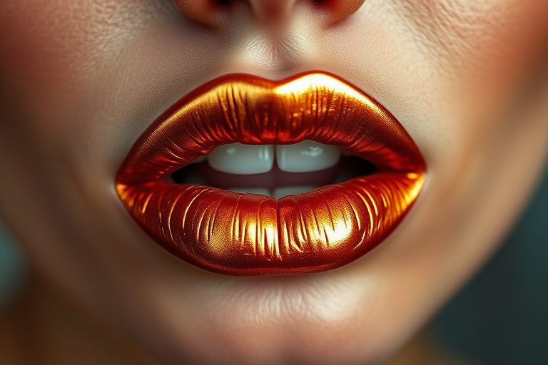 Metallic copper lips with a foiled effect, catching the light and creating a multi-dimensional appearance that's both edgy and glamorous