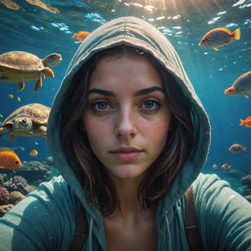 Realistic selfie image of a Chaldean, wearing a vintage outfit, detailed dreamy eyes, droopy hooded eyes, staring at the camera, taken underwater at coral reef with a sunbeam filtering through the water, vibrant, summer vacation, natural lighting, turtle and school of tropical fish with vibrant colors, rendered in the style of CryEngine, Pegi Nicol MacLeod, with realistic genre scenes, hauntingly beautiful narratives, ultra-realism, and Thomas Saliot's close-up technique, 8K resolution, crystal clear and sparkling water.