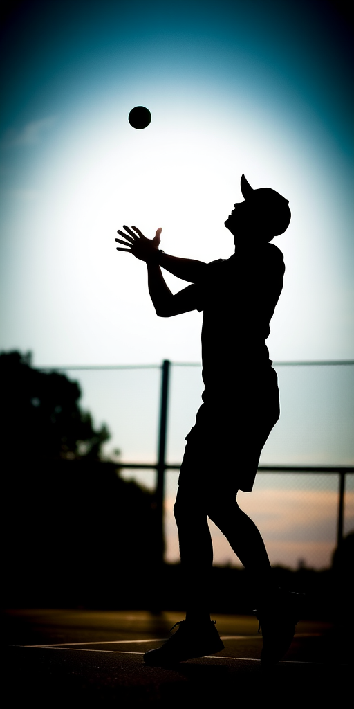 Create a dynamic silhouette of a tennis player serving, captured with a 50mm lens at f/2.8, ISO 100, in natural evening light, using a DSLR camera with a shallow depth of field to emphasize the action and create a soft background blur.