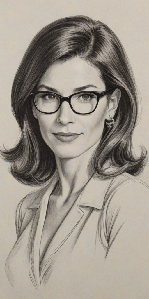 Appealing Perrey Reeves, pencil sketch, portrait of Appealing woman 1951s in glasses, hair style beatnik, outline, clear lines, fine lines, 8k