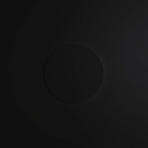 Create a minimalistic black background with a perfectly centered white circle, using a DSLR camera at f/2.8 aperture, ISO 100, 1/100s shutter speed, with a macro lens, in a top-down view to enhance image clarity and detail.