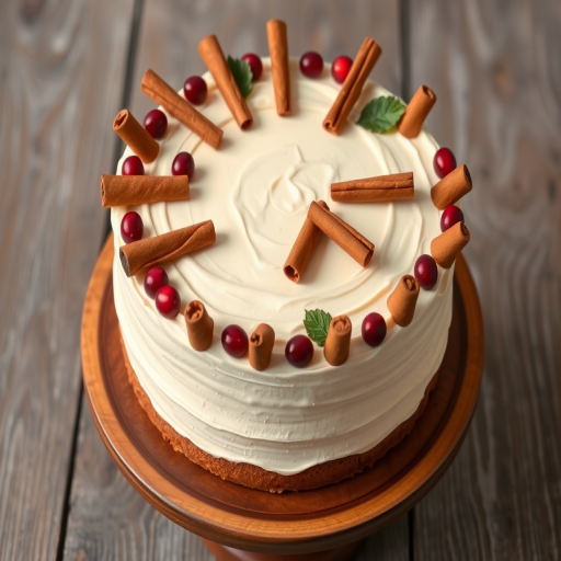 A beautifully decorated cake with a smooth, cream-colored frosting topped with cinnamon sticks, fresh cranberries, and green leaves arranged in a circular pattern on a wooden cake stand with a rustic background.