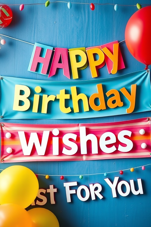 Create an image of colorful birthday banners with the text "Happy Birthday," "Birthday Wishes," and "Just For You" in a visually appealing layout, using a DSLR camera with a 50mm lens, aperture f/2.8, ISO 200, natural lighting, and a slight depth of field to highlight the banners.