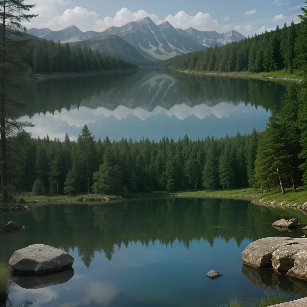 A Serene Mountain Lake Surrounded by Lush Green Forest and Reflection.