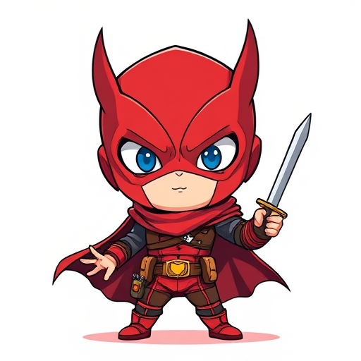 Create a vivid illustration of a chibi superhero character with a red mask and costume, holding a sword, making a peace sign, with a white background, using a Canon EOS R5 camera, 50mm lens, f/1.8 aperture, 1/200s shutter speed, ISO 100, capturing vibrant colors and sharp details.