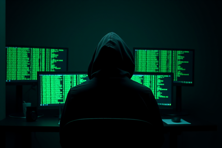 Generate an image of a hooded figure sitting at a desk with two monitors showing green binary code, in a dimly lit room, using a Canon EOS R5, 50mm f/1.2 lens, aperture f/1.8, ISO 800, with a soft focus and high dynamic range for enhanced quality.