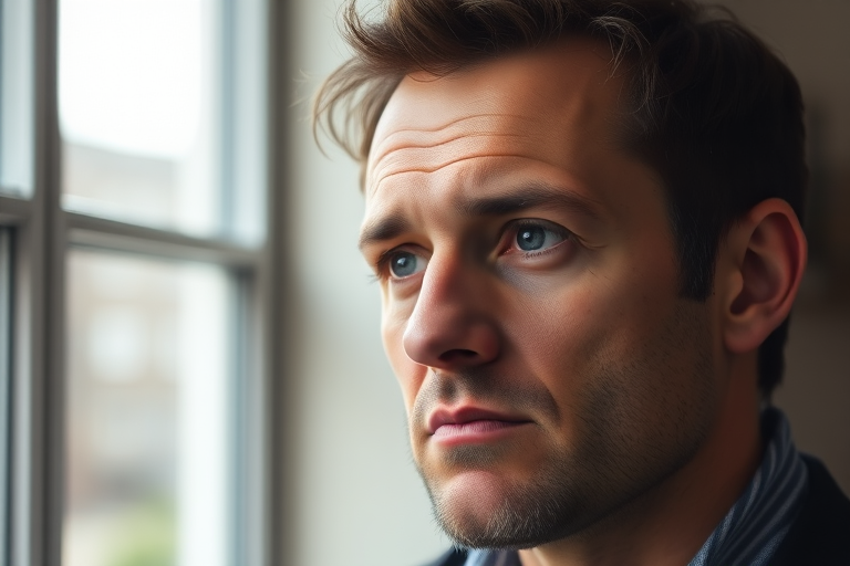 Portrait of a man with a pensive expression, natural light coming from a large window, shallow depth of field, f/1.8 aperture, ISO 200, 50mm lens, soft focus background, taken with a DSLR camera.