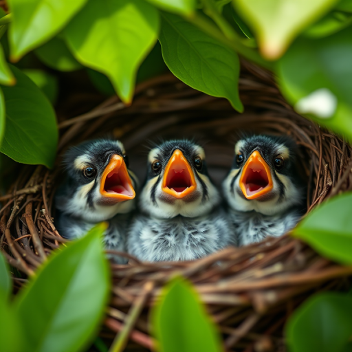 A close-up shot of three baby birds in a nest with their mouths open, surrounded by lush green leaves, shot with a Canon EOS 5D Mark IV, 50mm lens, aperture f/2.8, shutter speed 1/200 sec, ISO 400, natural light, shallow depth of field to enhance focus on the birds.