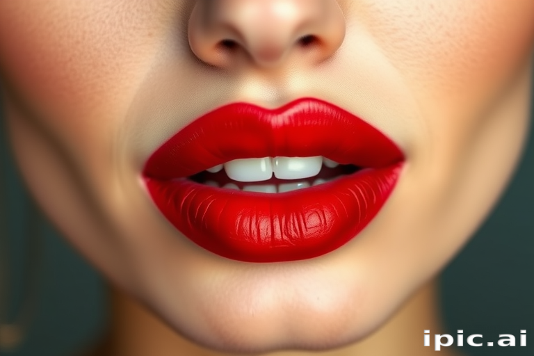 Classic red lip color with a satin finish adorns perfectly symmetrical lips, showcasing their flawless shape and smooth texture in a timeless, elegant style