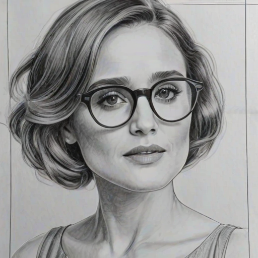 Dazzling Rose Byrne, pencil sketch, portrait of Alluring woman 1932s in glasses, hair style beatnik, outline, clear lines, fine lines, 8k