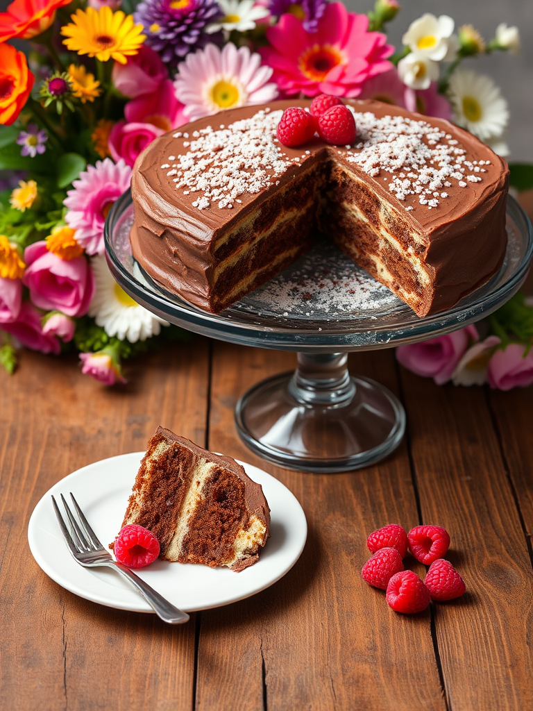 A beautifully decorated chocolate frosted cake on a glass cake stand with a slice on a white plate garnished with fresh raspberries and a fork beside it, set against a background of colorful flowers and a rustic wooden table.
