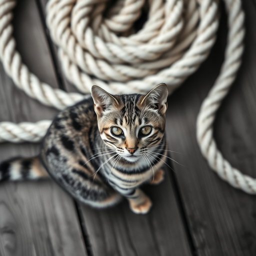 Regenerate an image of a striped cat sitting on a wooden surface with a textured rope in the background, using a DSLR camera with a 50mm lens, aperture set to f/2.8, ISO 100, shutter speed 1/200s, top-down view in natural light, with a focus on sharp details and a shallow depth of field in black and white.