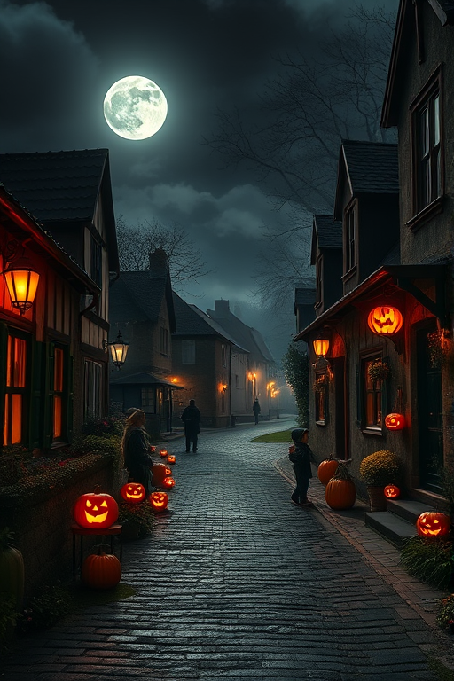 A quaint village street bathed in moonlight during Halloween night, featuring cobblestone paths lined with glowing jack-o'-lanterns, spooky fog, and costumed children, captured with a Canon EOS R5, ISO 100, f/2.8, 24mm lens, HDR style for enhanced detail and vibrant colors.