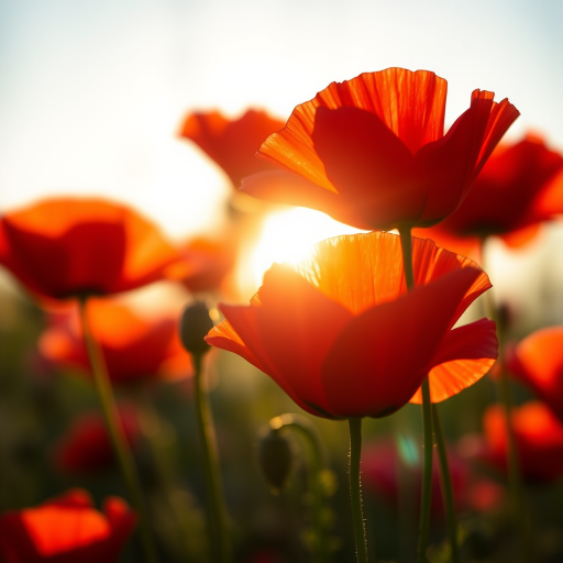 macro shot of vibrant red poppies with sunlight filtering through petals, shallow depth of field, ISO 100, f/2.8, shutter speed 1/200s, 50mm lens, DSLR camera, golden hour lighting