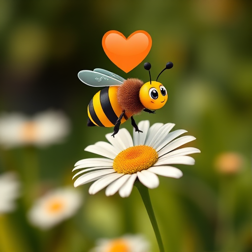 Generate a high-resolution illustration of a cartoon bee hovering over a daisy with a heart above it, use a Canon EOS R5 with a 50mm f/1.2 lens, aperture set to f/4 for sharp focus, 1/250 shutter speed for clarity, and natural soft lighting to enhance color vibrancy.