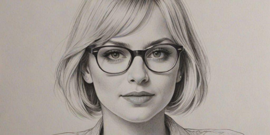 Splendid Anna Faris, pencil sketch, portrait of Attractive woman 1934s in glasses, hair style beatnik, outline, clear lines, fine lines, 8k