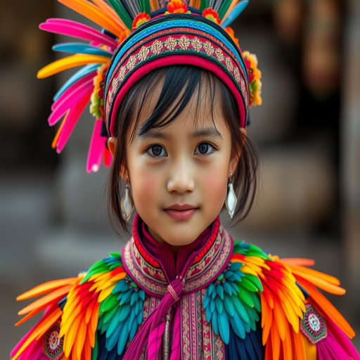 A beautiful Miao girl, wearing colorful bird clothing with vibrant colors