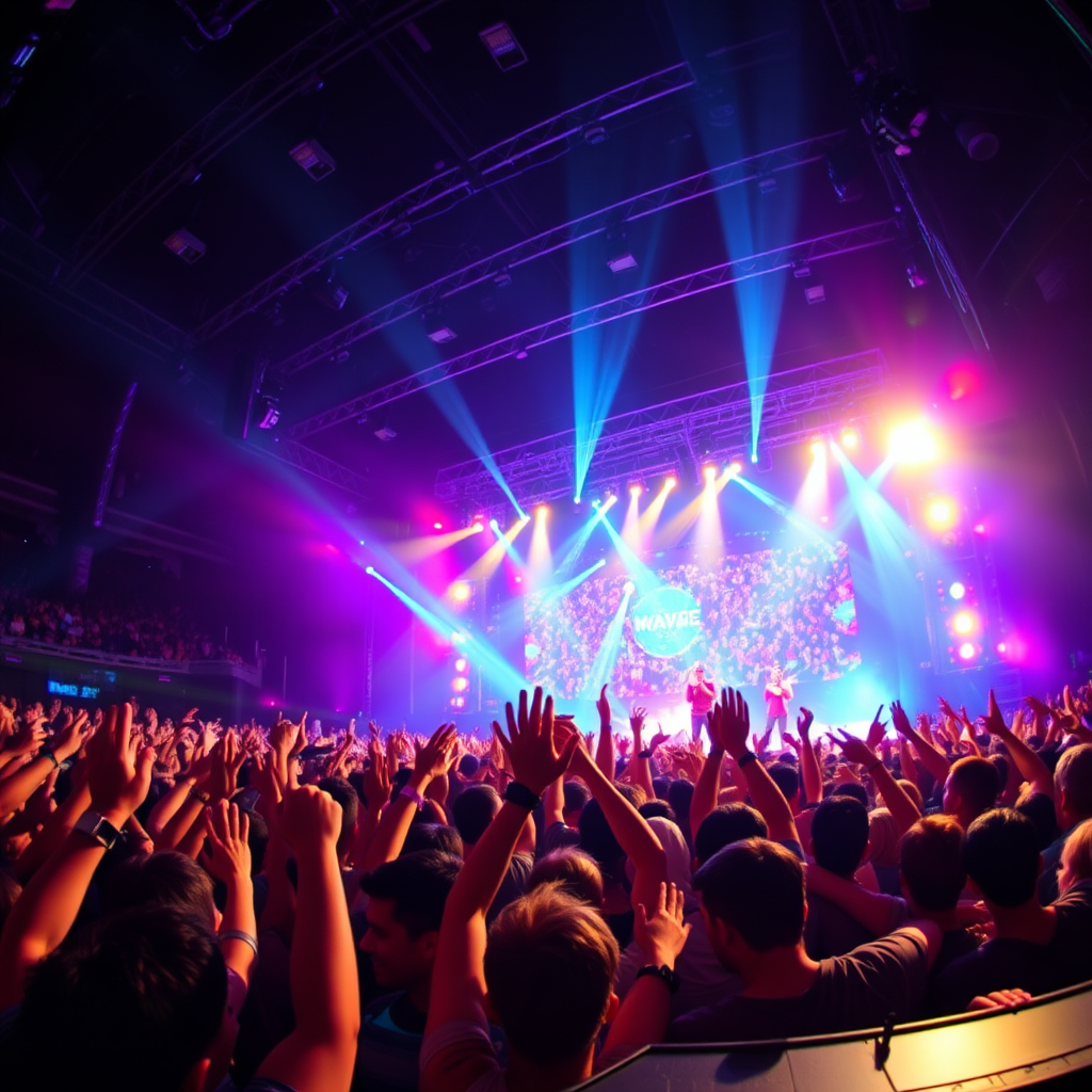 high-energy concert scene with a vibrant light show, wide-angle lens, f/2.8 aperture, ISO 1600, 1/100s shutter speed, shot from the front-of-house perspective, DSLR camera, capturing a massive crowd with hands raised in excitement and performers on stage illuminated by colorful lights