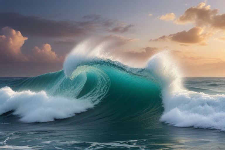 Majestic Ocean Wave Crashing Against the Shore at Sunset