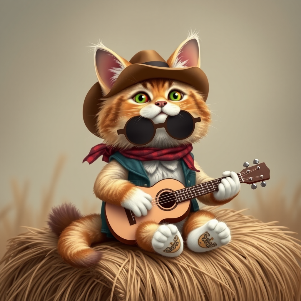 A chibi cat, dressed as a cowboy, playing guitar, sitting on a hay bale