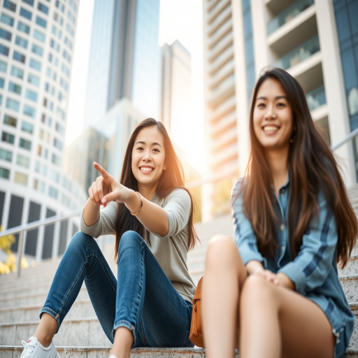 portrait of two young women sitting on stairs outdoors, one pointing and smiling, modern city buildings in the background, midday sunlight, shallow depth of field, 50mm lens, f/1.8, ISO 200, natural light, digital camera