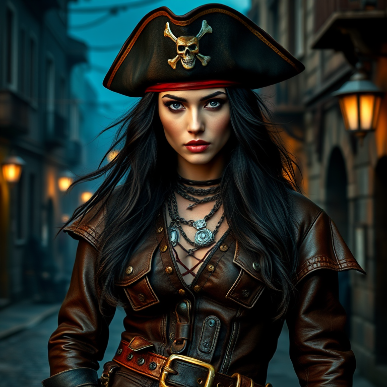 Create a portrait of a fierce female pirate. She wears a leather tricorn hat adorned with a skull and crossbones emblem, and her long, dark hair flows around her face. Her outfit consists of a richly detailed leather jacket, a corset, and multiple layers of belts and accessories, giving her a formidable and stylish appearance. She stands confidently in a dimly lit, historic port town, with a backdrop of weathered buildings and cobblestone streets, capturing the adventurous spirit of a pirate.