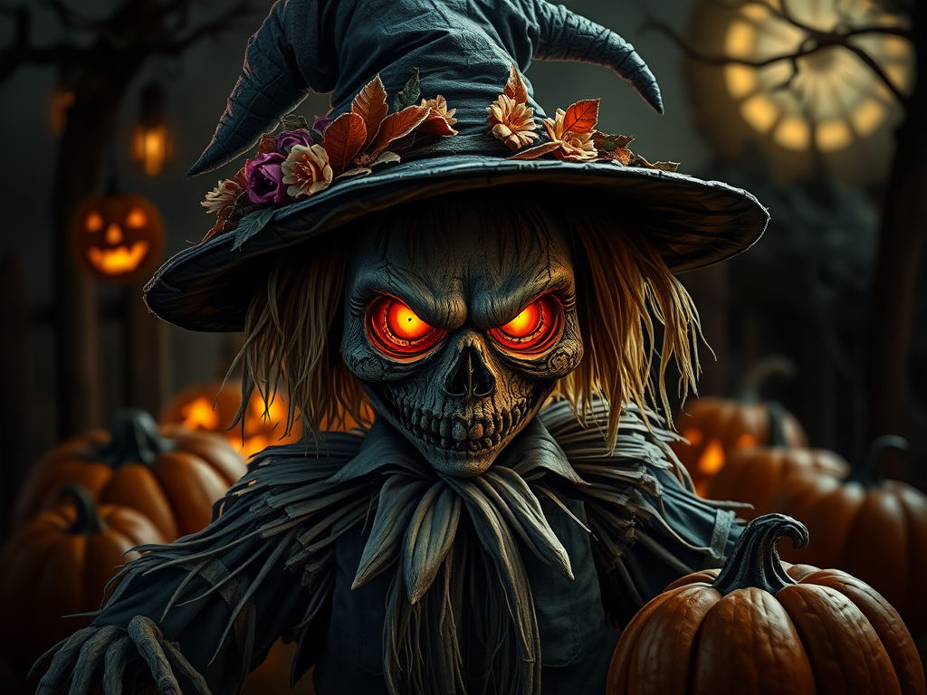 Create a menacing scarecrow character with glowing orange eyes wearing a tattered witch hat adorned with flowers and leaves surrounded by carved pumpkins in a dark, eerie setting with a hint of supernatural elements and a haunting atmosphere.