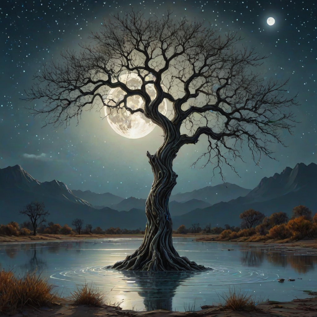 painting of a tree with a full moon in the background and water dripping from its branches, fantasy art, alcohol ink, 3D, 4K, HDRi
