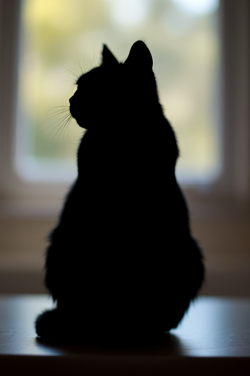 Generate an image of a stylized black silhouette of a cat sitting upright on a flat surface, captured with a DSLR camera at f/2.8 aperture, 50mm lens, ISO 100, in natural soft lighting from the left side, with a shallow depth of field to create a blurred background effect.