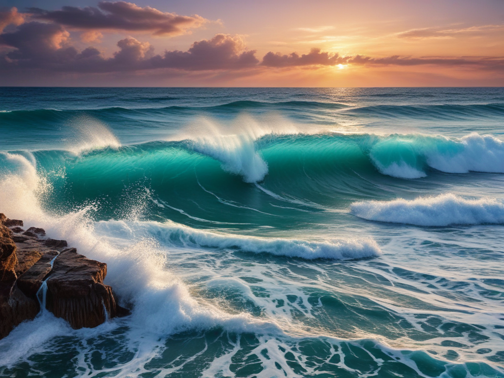 Majestic Waves Crashing Against Rocky Shore Under a Vibrant Sunset Sky