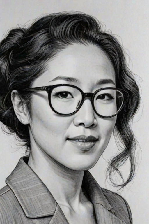 Splendid Sandra Oh, pencil sketch, portrait of Lovely woman 1964s in glasses, hair style beatnik, outline, clear lines, fine lines, 8k
