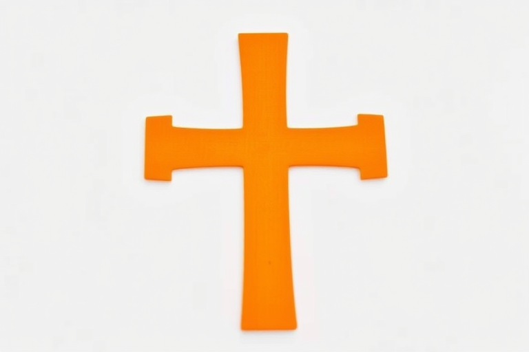 Create a vibrant orange cross symbol on a white background with a Canon EOS R5 camera at f/2.8 aperture, ISO 100, and a shutter speed of 1/250s, viewed from a top-down perspective, using a macro lens to enhance detail and clarity.