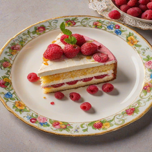 Generate an image of a slice of cake on a decorative plate. The cake should have layers of cream and colorful fruits, including raspberries and peaches, visible in the cross-section. The background should be simple and elegant, enhancing the focus on the cake.