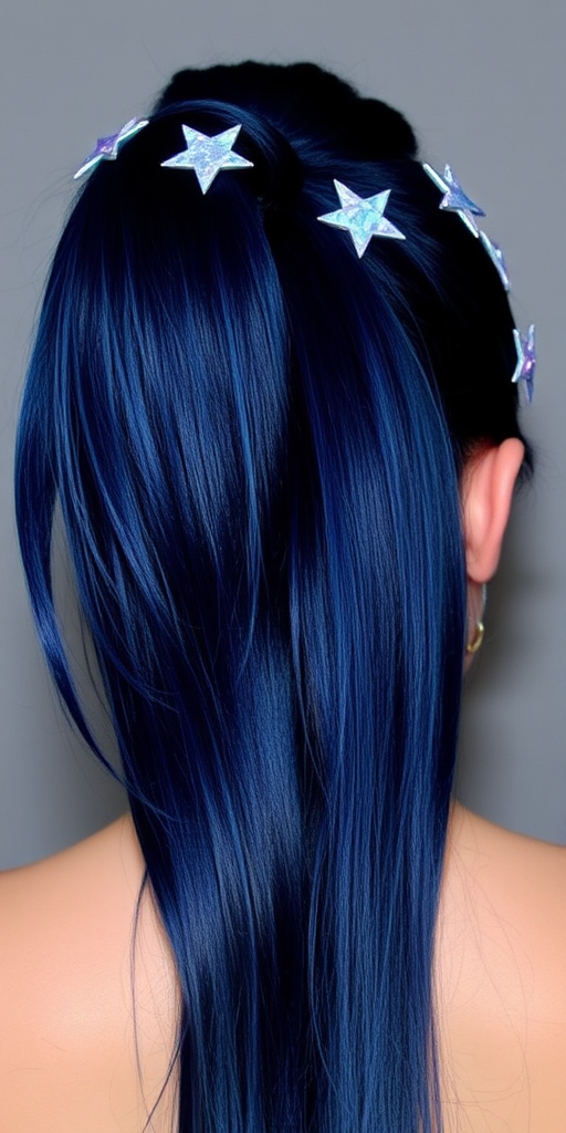 Midnight blue hair styled in a sleek high ponytail with a crown of holographic stars circling the head, creating an otherworldly galaxy-inspired look.