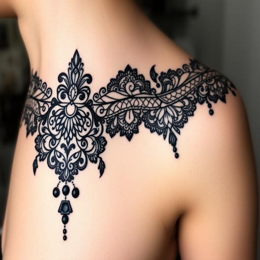 Ornamental blackwork tattoo named "Lace and Shadow" featuring intricate patterns inspired by henna designs and Victorian lace, with delicate linework and negative space creating a feminine and elegant aesthetic