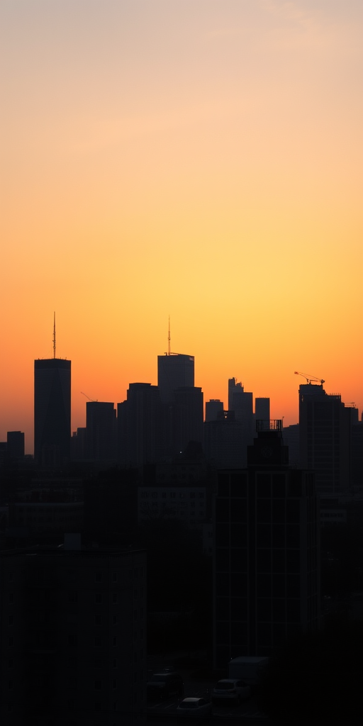 Create a city skyline silhouette at sunset with a pastel orange sky, soft gradient, and stylized buildings, captured with a Canon EOS R5, 24mm lens, f/8 aperture, ISO 200, in a wide-angle view to emphasize the cityscape and serene atmosphere.