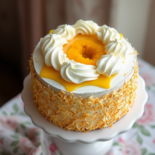 A beautifully decorated cake on a white pedestal with toasted coconut flakes covering the sides and a bright yellow passion fruit topping surrounded by swirls of white frosting on top. The background features a soft, light-colored setting with a floral patterned napkin.