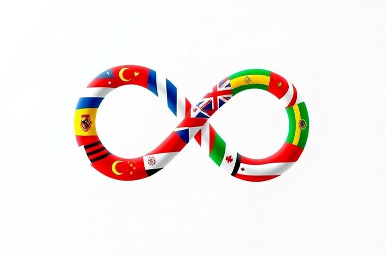Create an image of an infinity symbol made up of various national flags arranged in a vibrant and colorful style, high-resolution 4K, shot with a wide-angle lens at f/8, ISO 100, in soft natural lighting with a clean background.