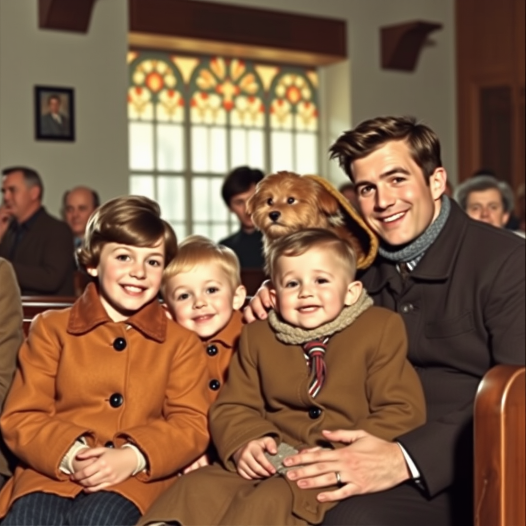 In the style of Norman Rockwell, a 1953 young family, looking pleasantly content is sitting in church, wearing cold weather clothing in autumn colors