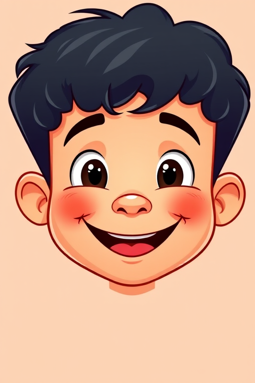 Create a cartoon-style image of a smiling boy's face with a round shape, short curly black hair, a happy expression, bright colors, using a Canon EOS 5D Mark IV, aperture f/4, ISO 100, focal length 50mm, with a portrait view and soft lighting for enhanced quality.