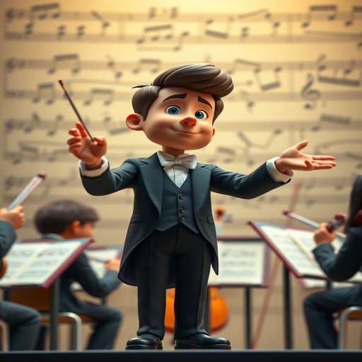 Create a vibrant animated character of a conductor leading an orchestra in front of a blurred sheet music background with a shallow depth of field, using a DSLR camera with a 50mm lens at f/1.8, ISO 100, and a soft natural lighting style.