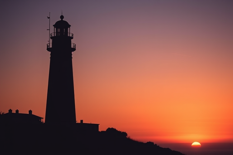 Create a high-resolution image of a lighthouse silhouette against a sunset, with a focal length of 50mm, aperture set to f/8, ISO 100, shot from a low angle to emphasize height, using a DSLR camera for clarity and depth.