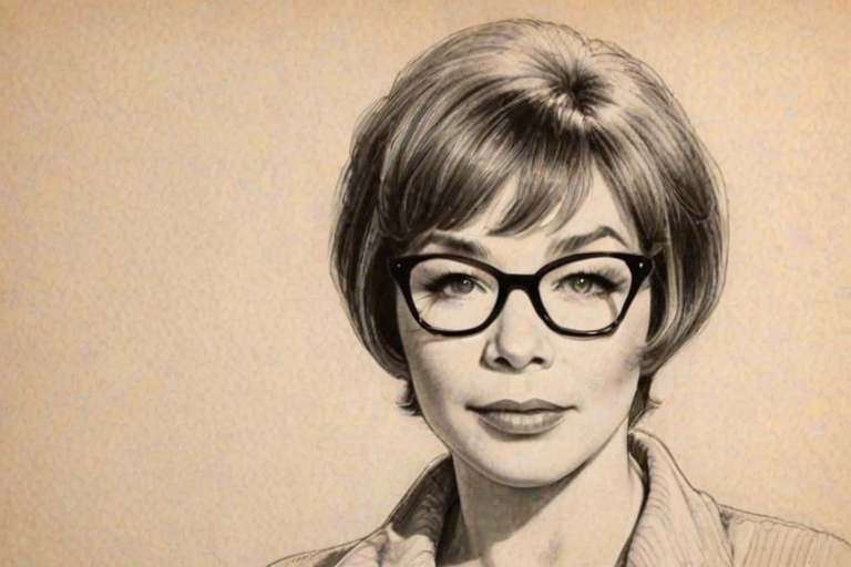 Resplendent Shirley MacLaine, pencil sketch, portrait of Charming woman 1971s in glasses, hair style beatnik, outline, clear lines, fine lines, 8k