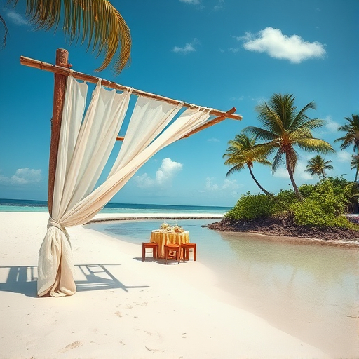 Create a picturesque tropical beach scene featuring a serene, white sandy shore. In the foreground, there's a rustic wooden canopy with white drapes gently flowing in the breeze. Underneath the canopy, a table is set with tropical decor, evoking a sense of relaxation and leisure. The beach extends into a calm, shallow water area with reflections of the sky and surroundings. Palm trees and lush greenery line the edge of the beach, providing a natural, tropical backdrop. The sky is clear with a few scattered clouds, and the overall atmosphere is tranquil and inviting, perfect for a peaceful retreat.