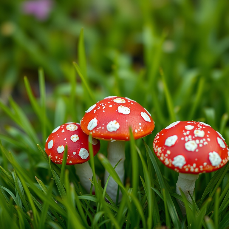 Create an illustration of three red mushrooms with white spots nestled among vibrant green grass, using a Canon EOS R5 with a 50mm f/1.2 lens, aperture set to f/2.8, ISO 100, and a soft focus effect for a whimsical look.